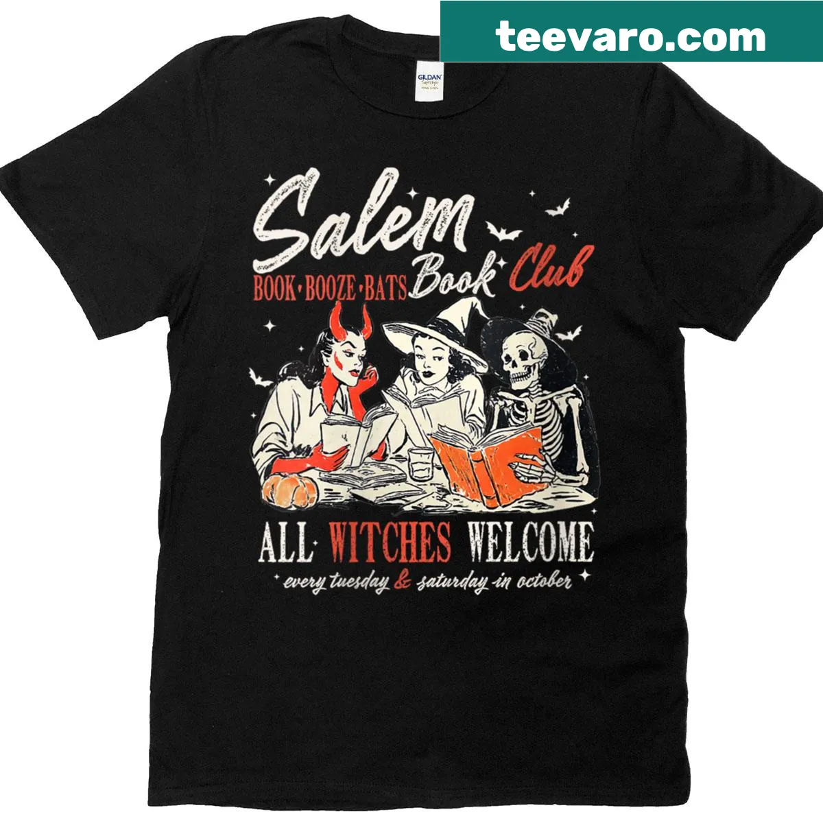 Vintage Halloween t-shirt for book lovers featuring witchy graphics — on a men's t-shirt