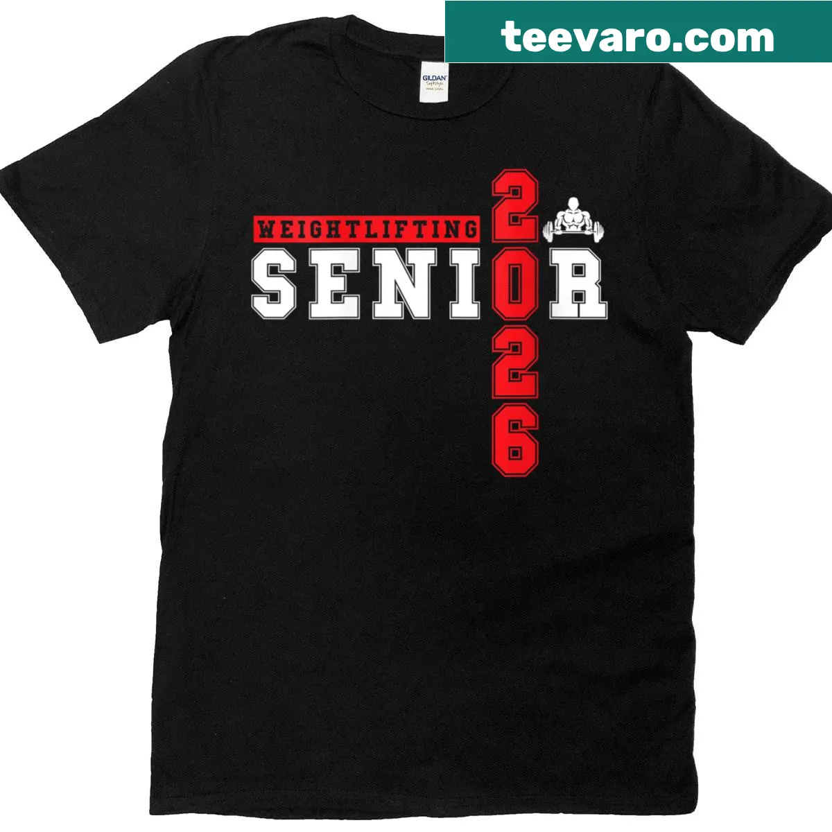 Graduation t-shirt featuring weightlifting design and year 2026. — on a men's t-shirt