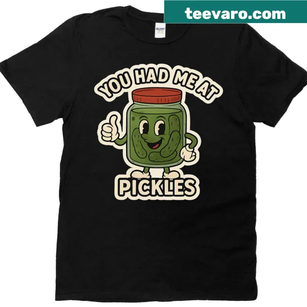 T-shirt with a cute cartoon pickle jar and playful text