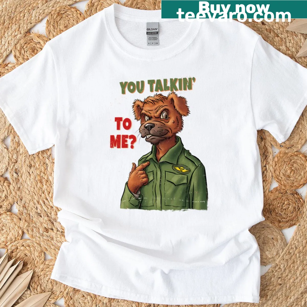 Funny cartoon dog tee with the phrase 'You Talkin To Me?' — on a men's t-shirt