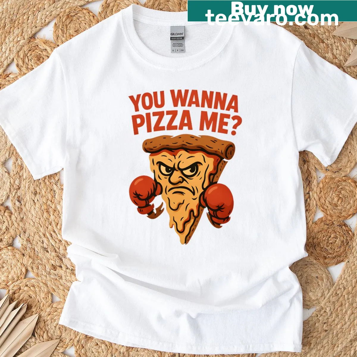 Cheeky t-shirt with the phrase 'You Wanna Pizza Me'. — on a men's t-shirt