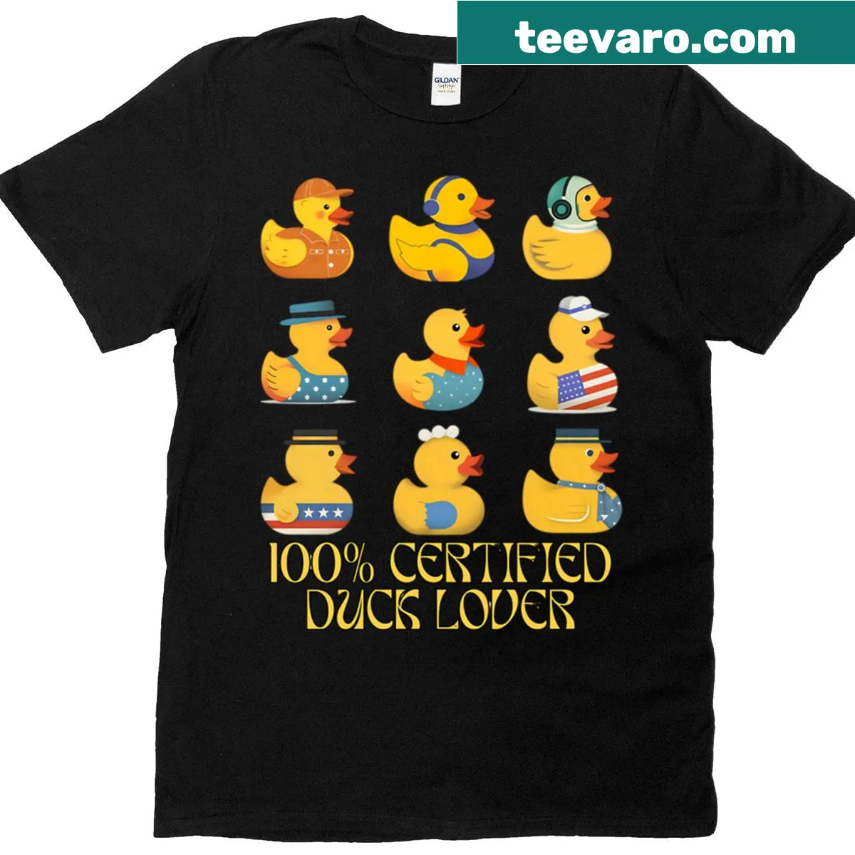 Funny t-shirt featuring a rubber duck with 100% Certified Duck Lover text — on a men's t-shirt