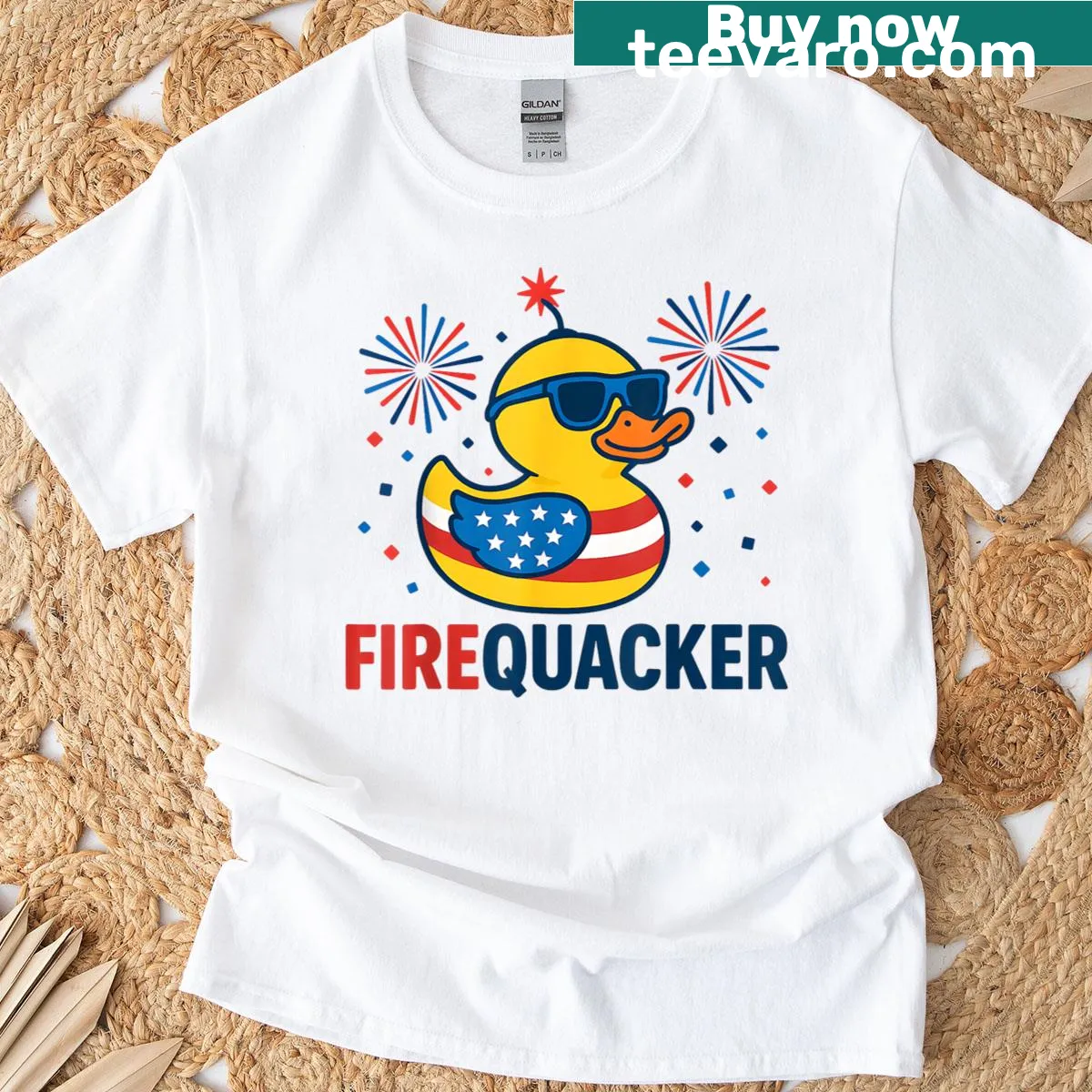 Funny July 4th t-shirt featuring a cartoon duck named 'Firequacker' — on a men's t-shirt