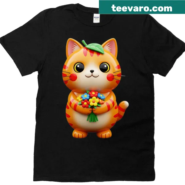 Cute illustration of a striped cat holding flowers on a t-shirt