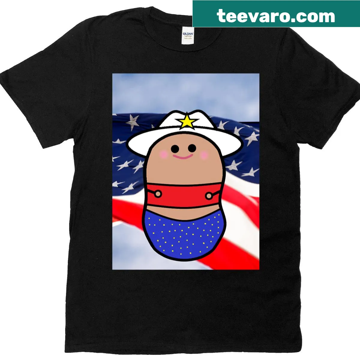 Oversized T-shirt featuring Jenny Potato cartoon character. — on a men's t-shirt