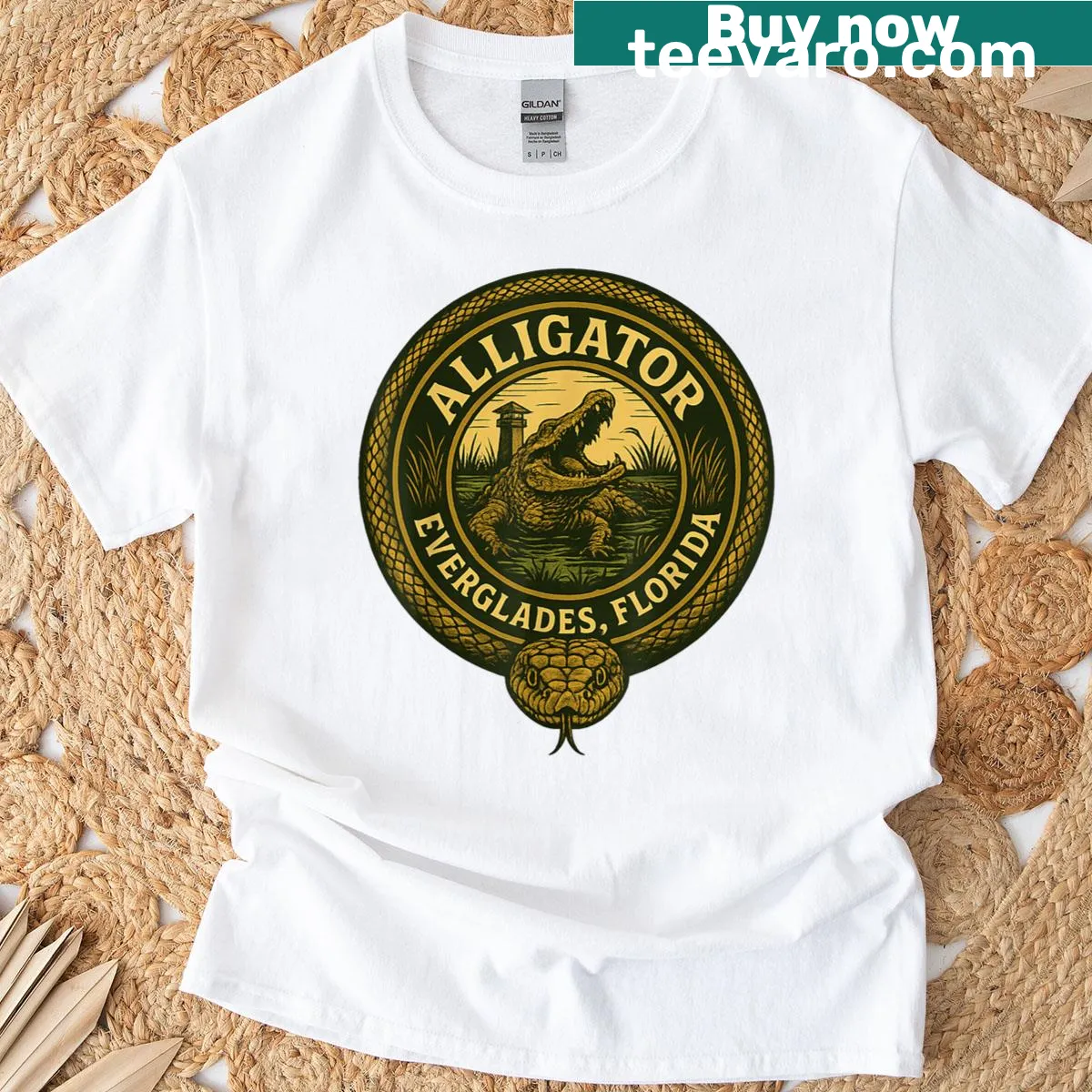 Humorous alligator design t-shirt representing Florida — on a men's t-shirt