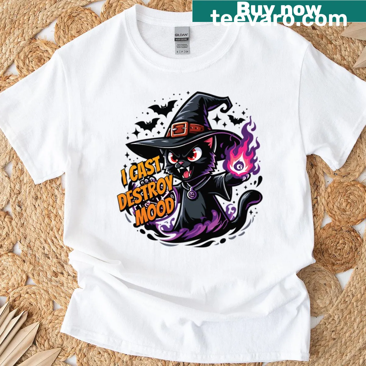 Angry cat in witch mode graphic on an oversized t-shirt — on a men's t-shirt