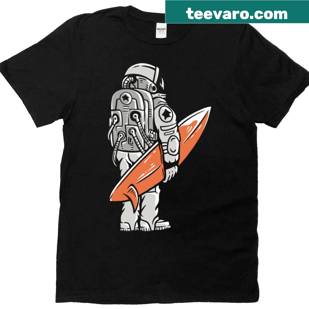 Cosmic surfer riding waves in space on a t-shirt — on a men's t-shirt