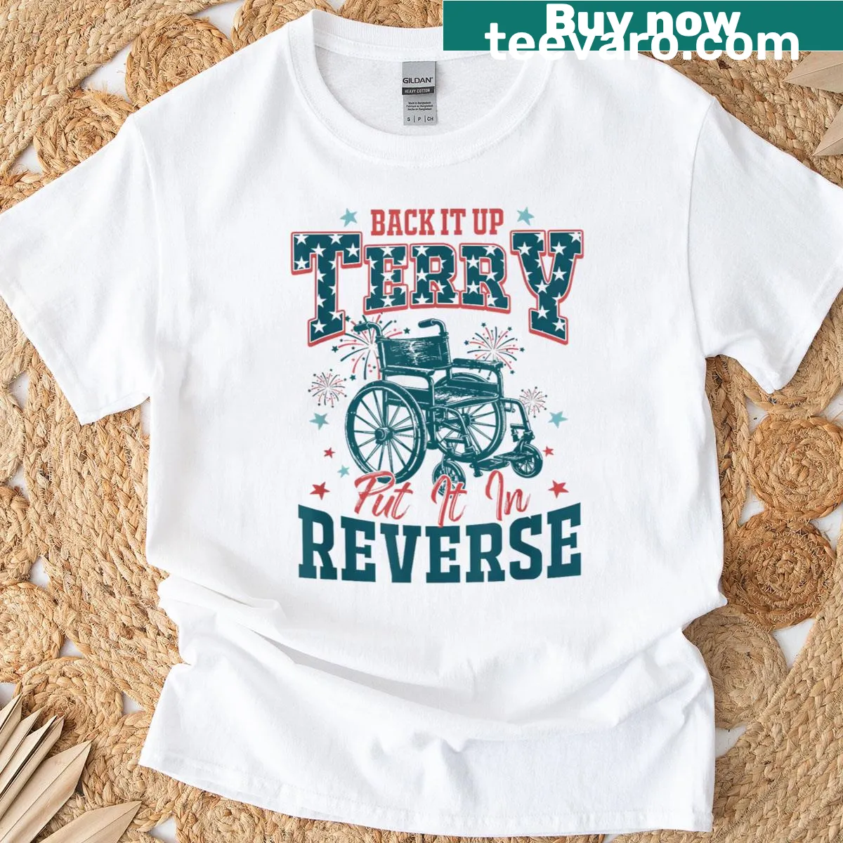 Funny graphic with 'Back It Up Terry Put It In Reverse' and fireworks — on a men's t-shirt