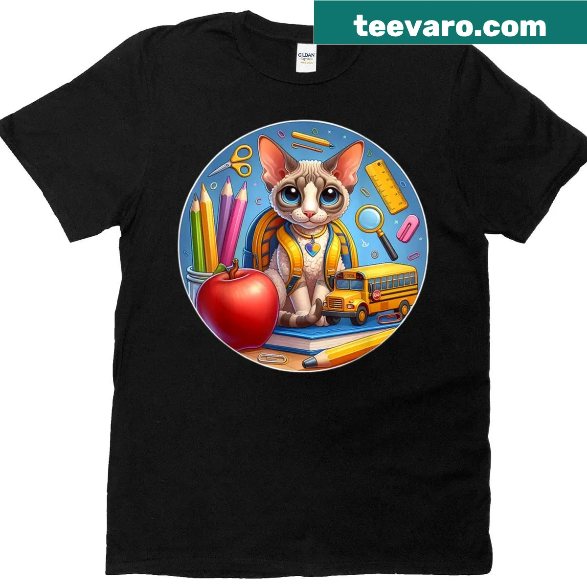 Illustration of a Devon Rex cat on a back-to-school themed t-shirt — on a men's t-shirt