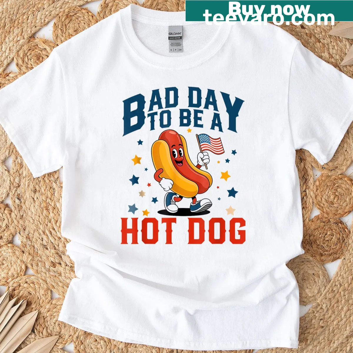 Funny T-shirt with hot dog grilling humor for Fourth of July — on a men's t-shirt