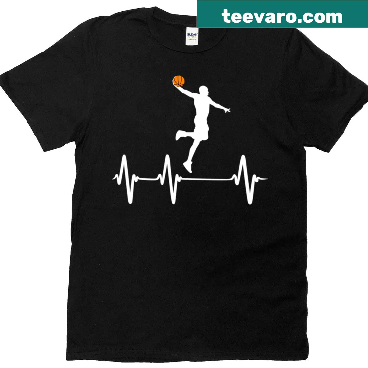 Heartbeat line transforming into a basketball graphic T-shirt — on a men's t-shirt