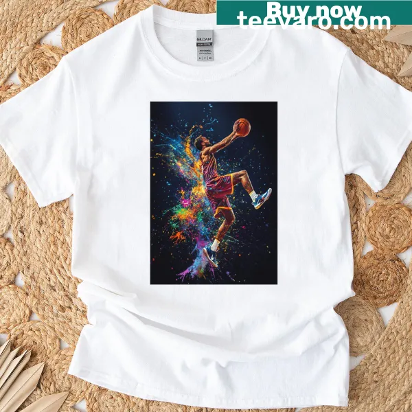 Basketball player graphic mid-jump with splashes of color