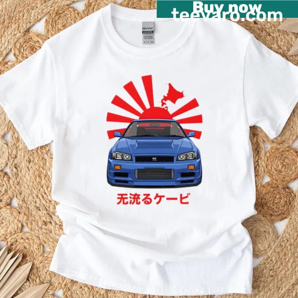 Illustration of R34 GT-R with vented hood and rising sun