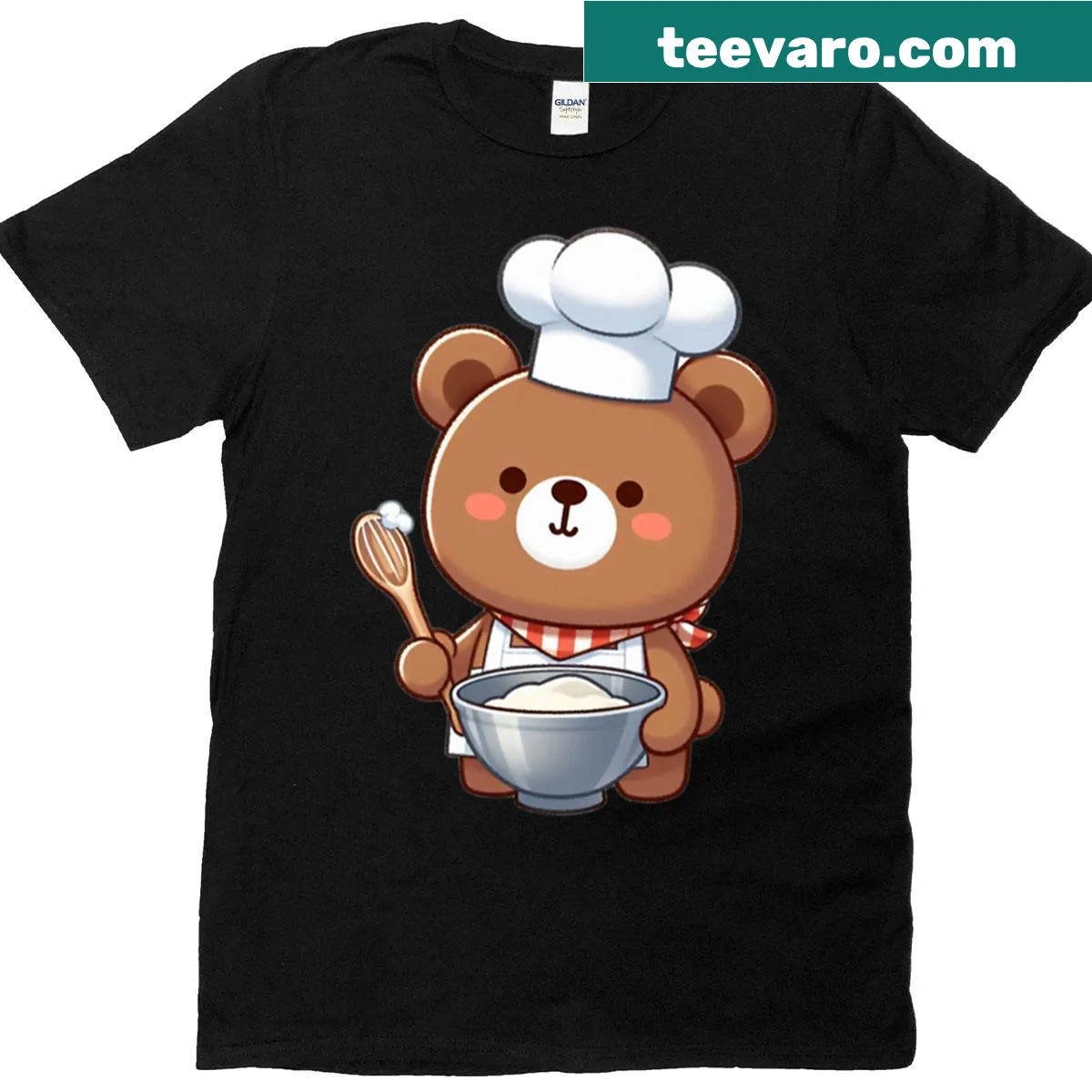 Cartoon bear chef baking t-shirt featuring a cute baking design — on a men's t-shirt