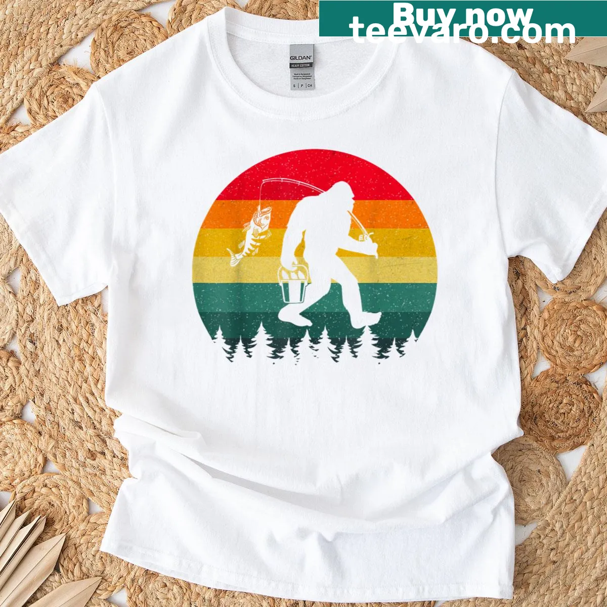 Retro Sasquatch illustration fishing T-shirt — on a men's t-shirt