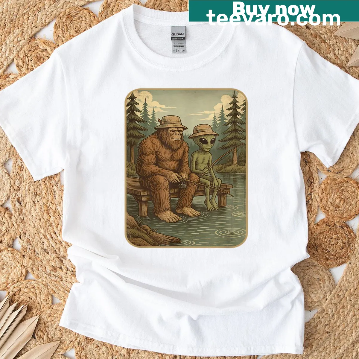 Distressed T-shirt featuring Bigfoot fishing design — on a men's t-shirt