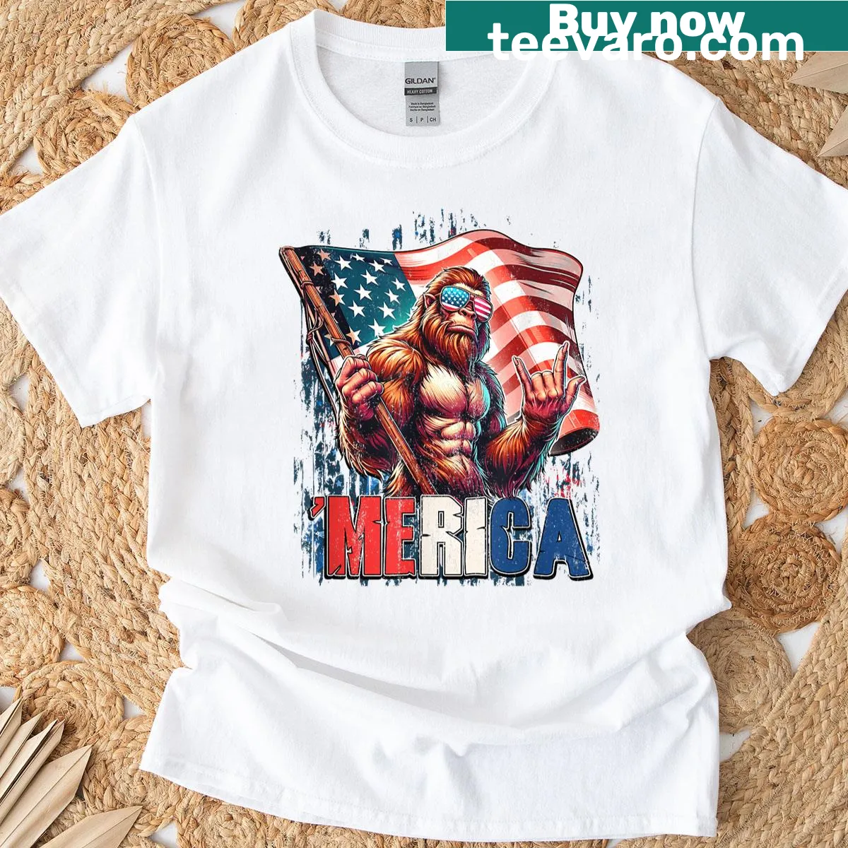 Bigfoot with American flag design on T-shirt — on a men's t-shirt
