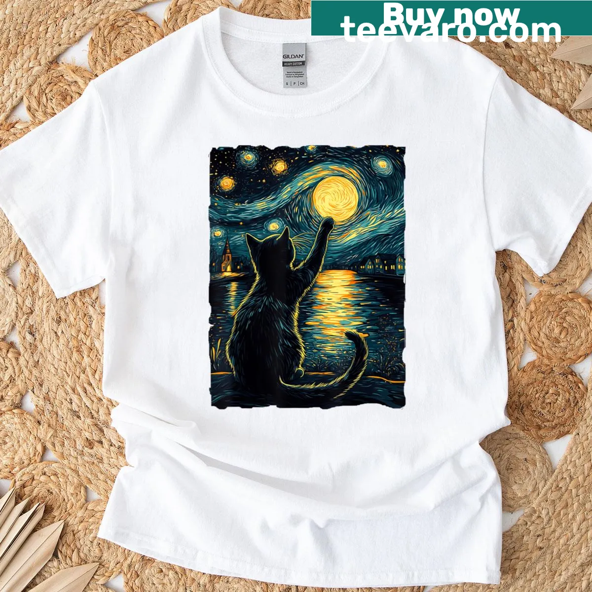 Illustration of a black cat on Van Gogh's Starry Night art — on a men's t-shirt