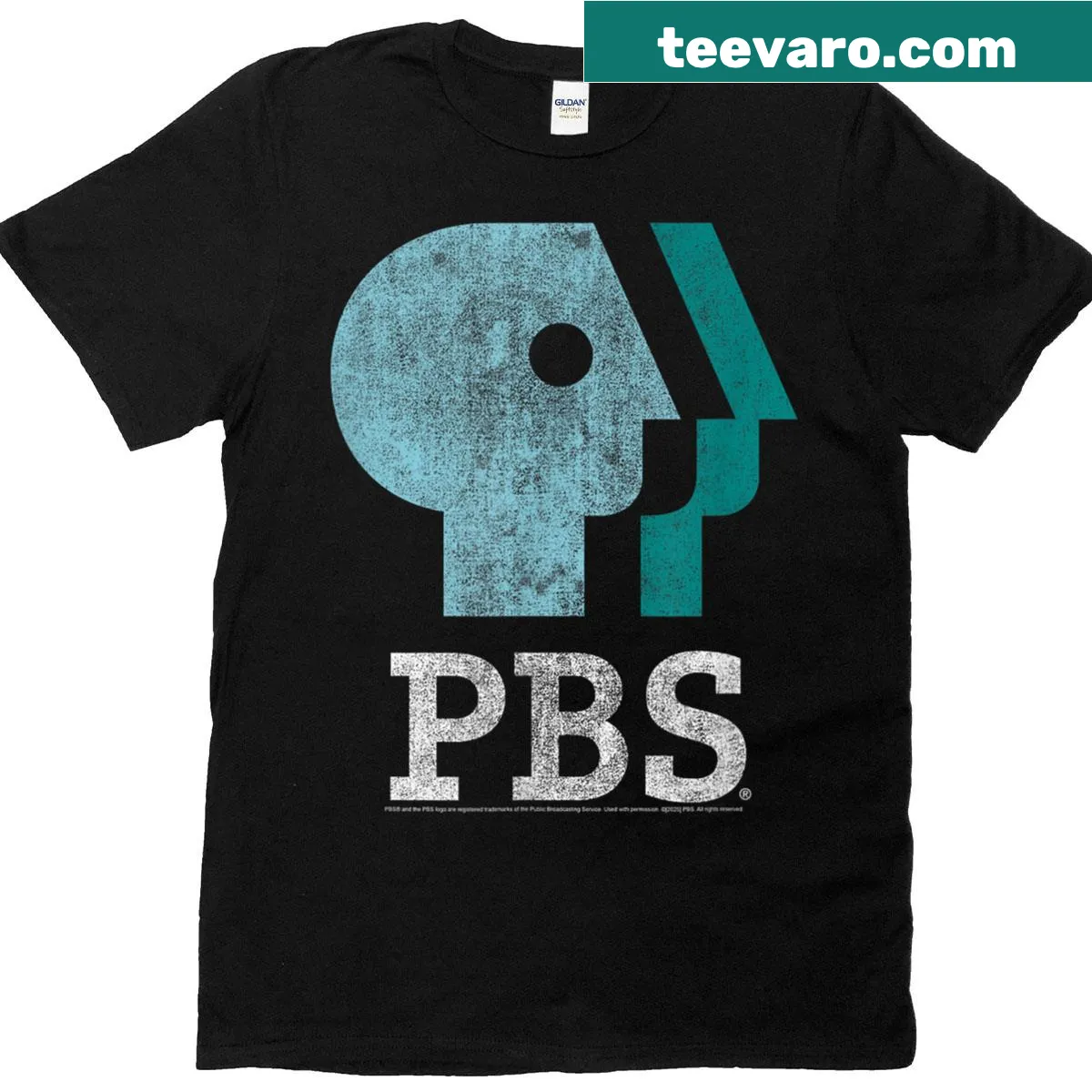 Minimalist T-shirt with PBS logo in blue and teal — on a men's t-shirt