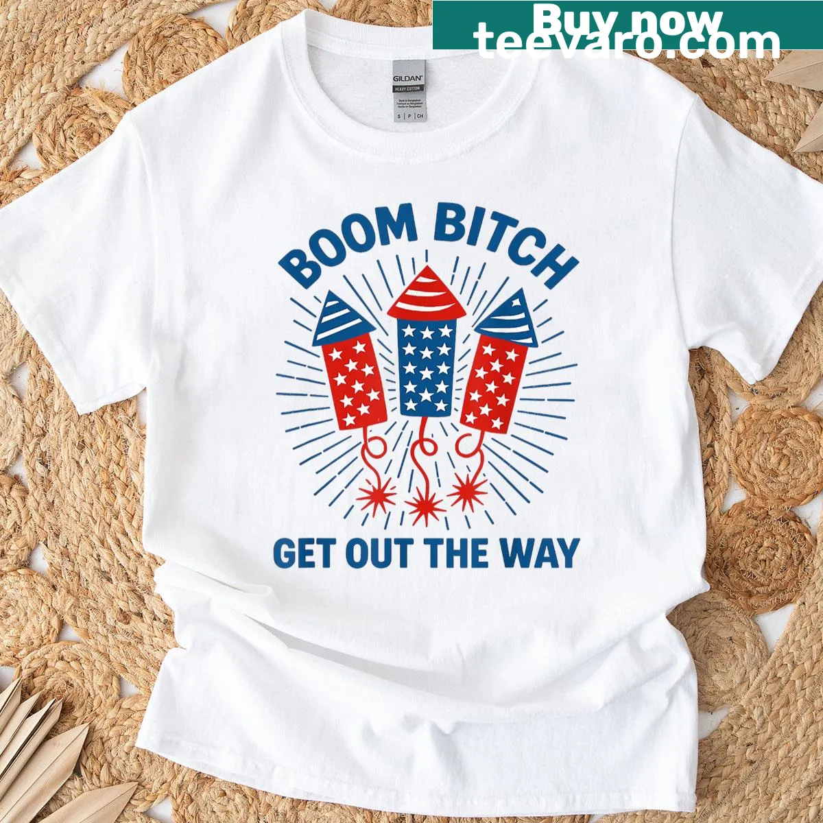 Skeleton graphic with festive hat and fireworks for Fourth of July t-shirt — on a men's t-shirt
