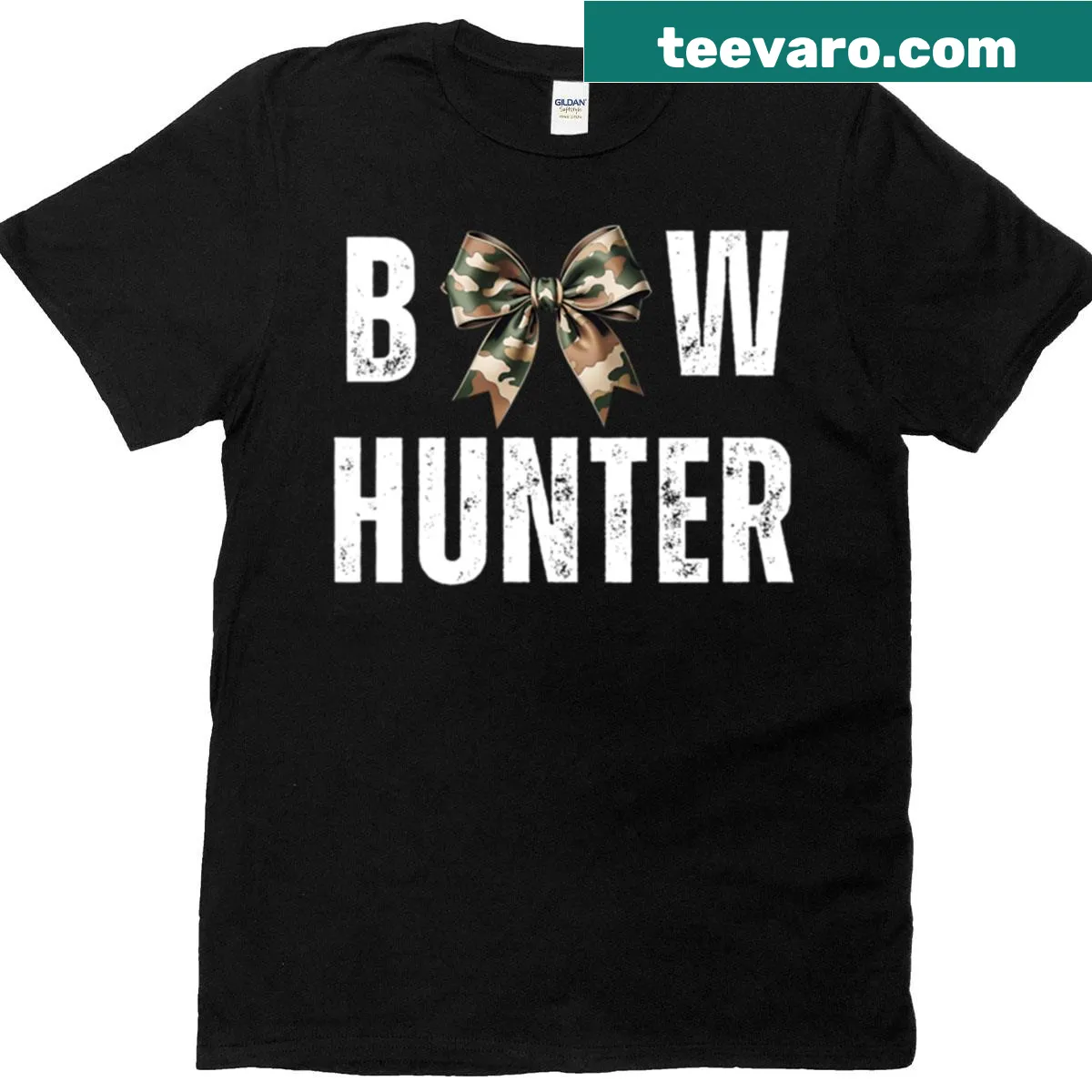 Cute bow hunting-themed T-shirt with cartoon graphics — on a men's t-shirt