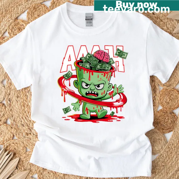 Abstract typography t-shirt featuring the phrase 'Brain Money Art'