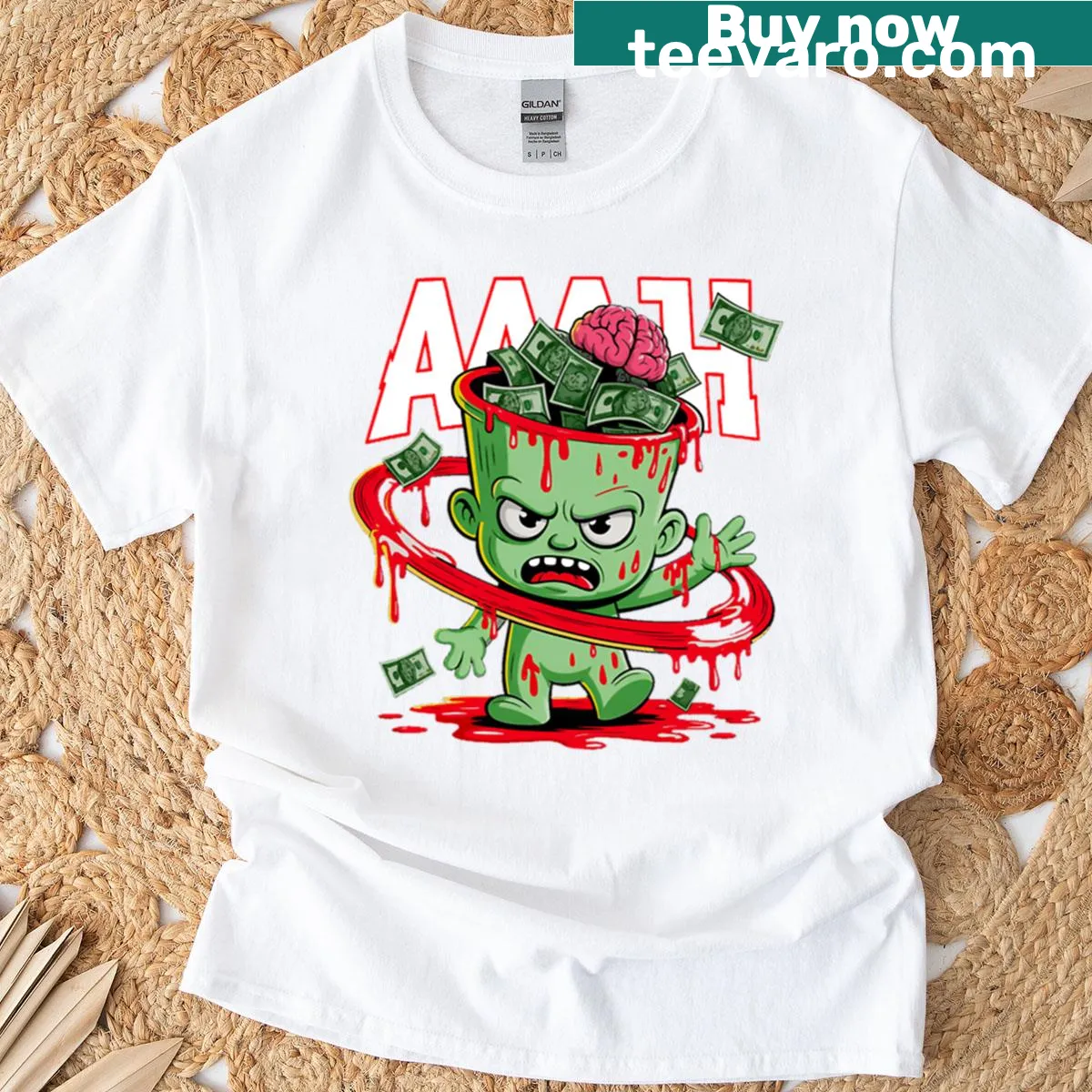 Abstract typography t-shirt featuring the phrase 'Brain Money Art' — on a men's t-shirt