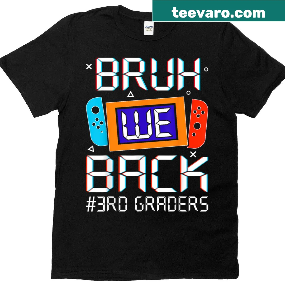 Playful T-shirt for kids with video game graphic and saying 'Bruh We Back' — on a men's t-shirt
