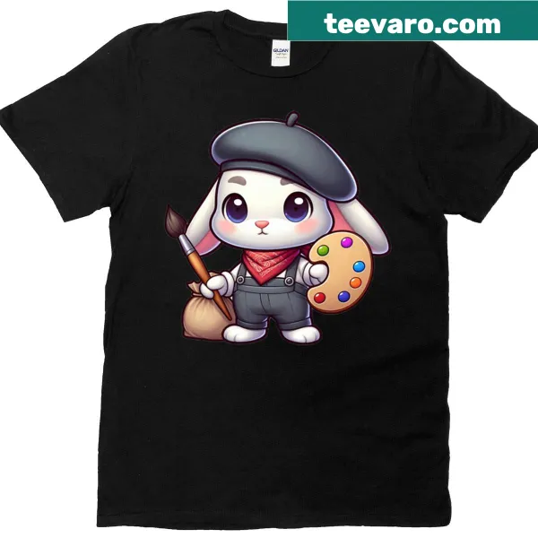 Cartoon bunny artist with a paintbrush and palette on a t-shirt.