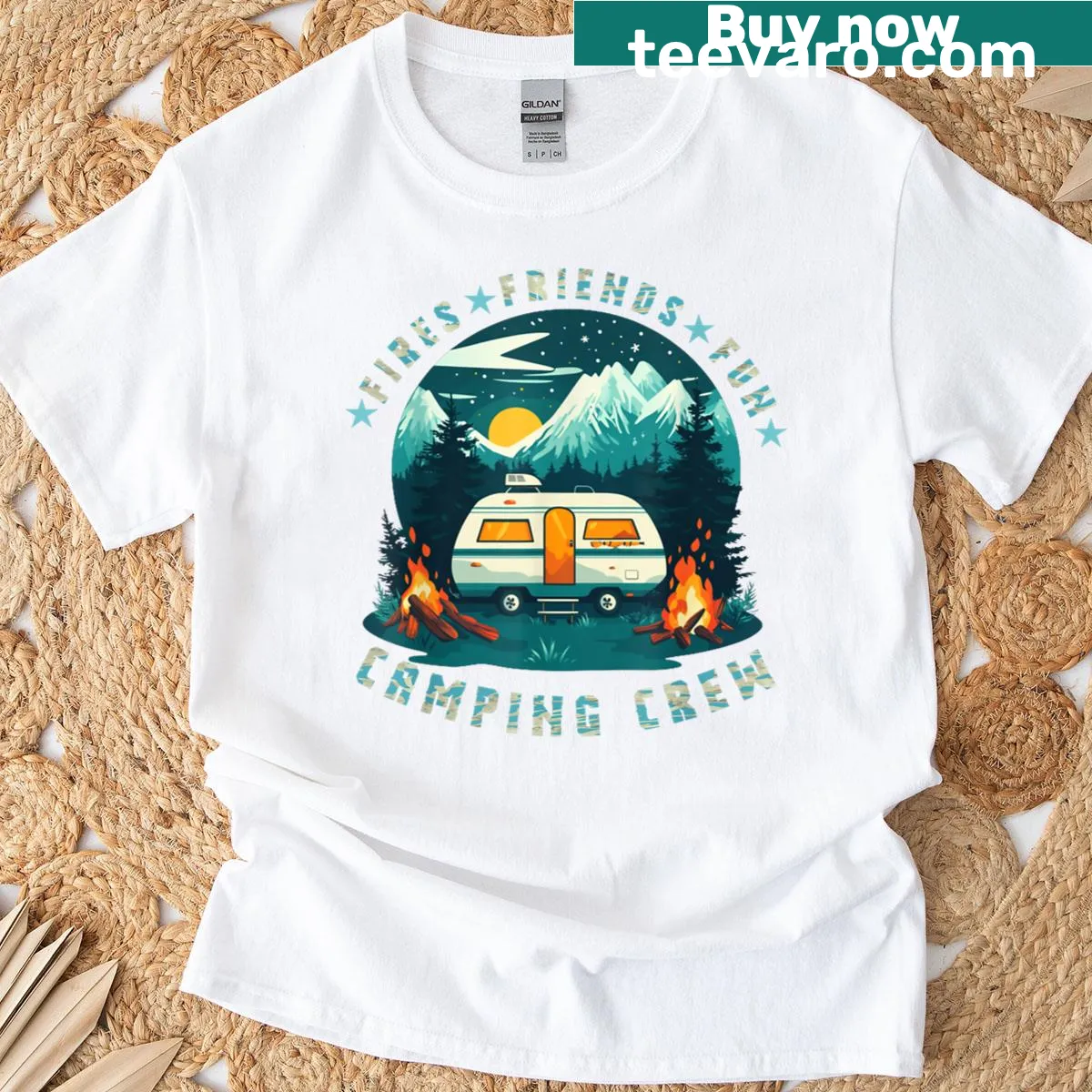 Camping Crew shirt with a campfire and friends design — on a men's t-shirt