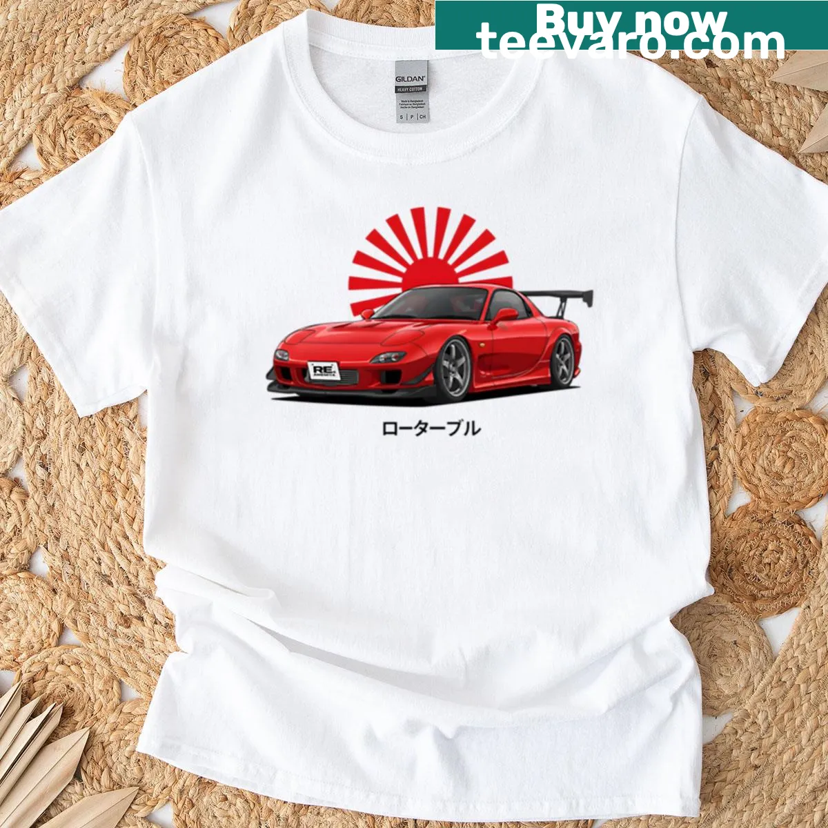 T-shirt featuring artwork of a Candy Red RX-7 FD3S sports car — on a men's t-shirt