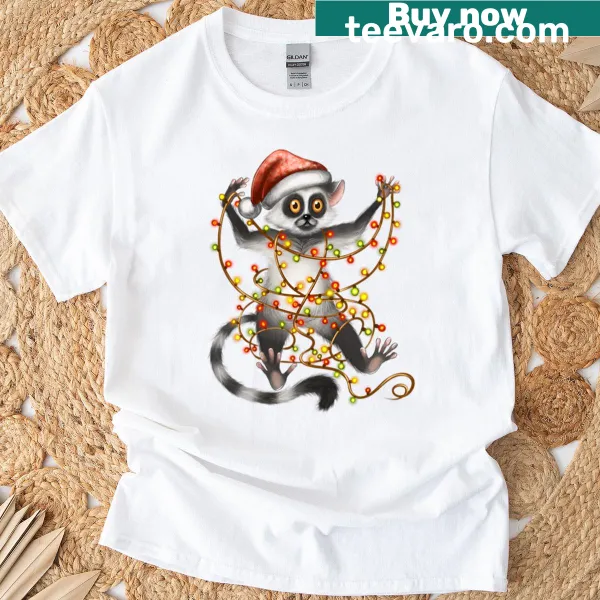 Cartoon lemur in Santa hat tangled in Christmas lights t-shirt