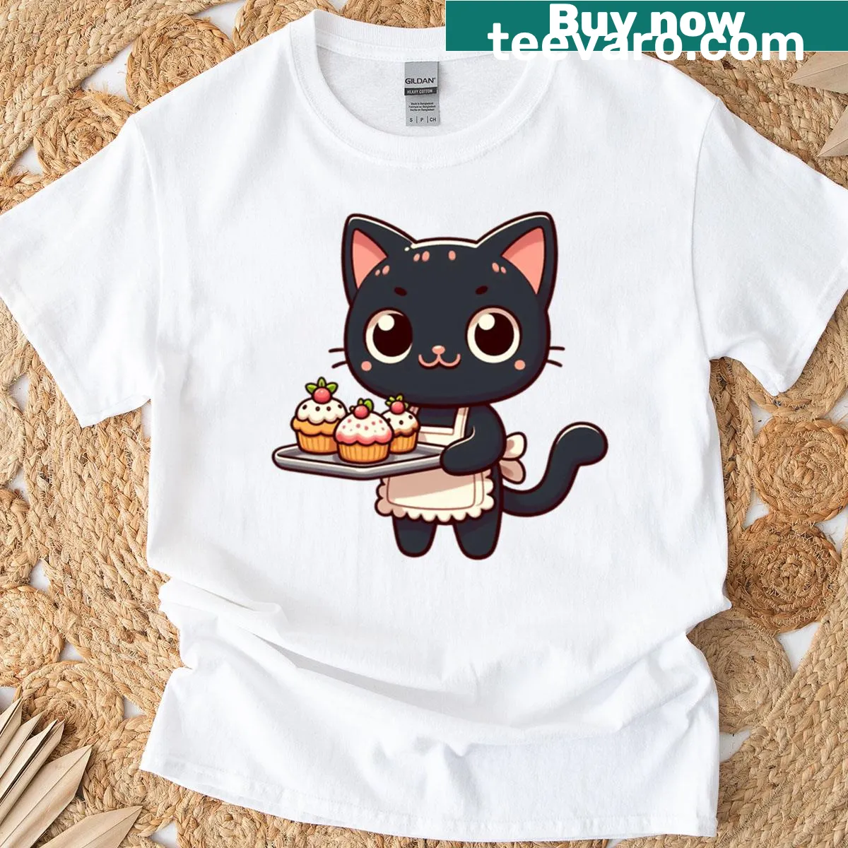 Cartoon cat baker surrounded by sweet desserts t-shirt — on a men's t-shirt