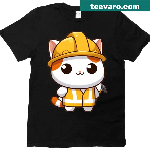 Cute cartoon cat in a hard hat as a construction worker