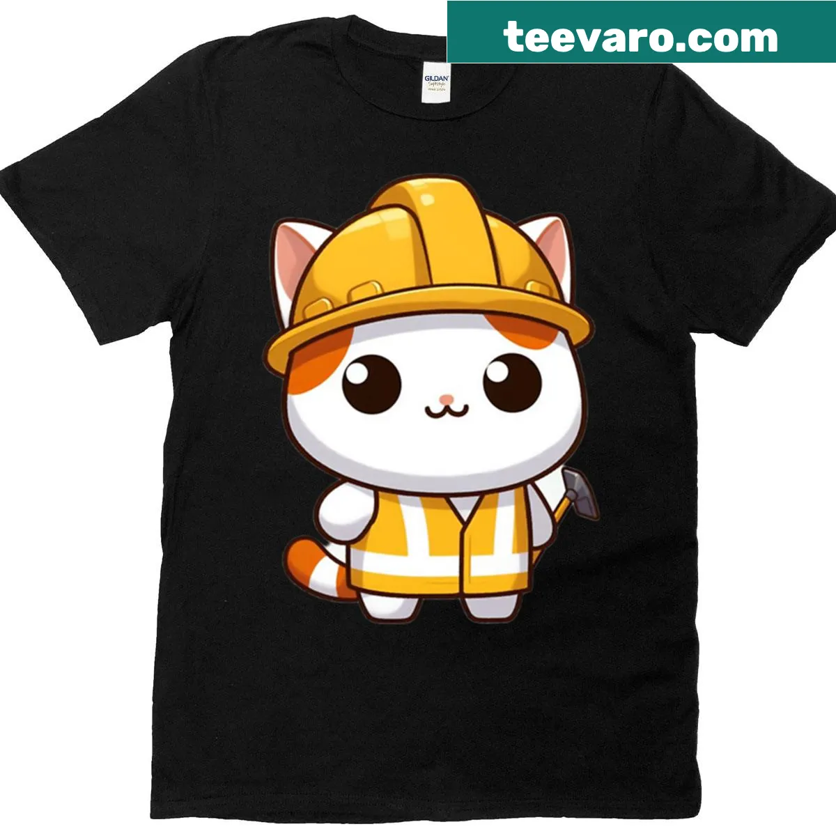 Cute cartoon cat in a hard hat as a construction worker — on a men's t-shirt
