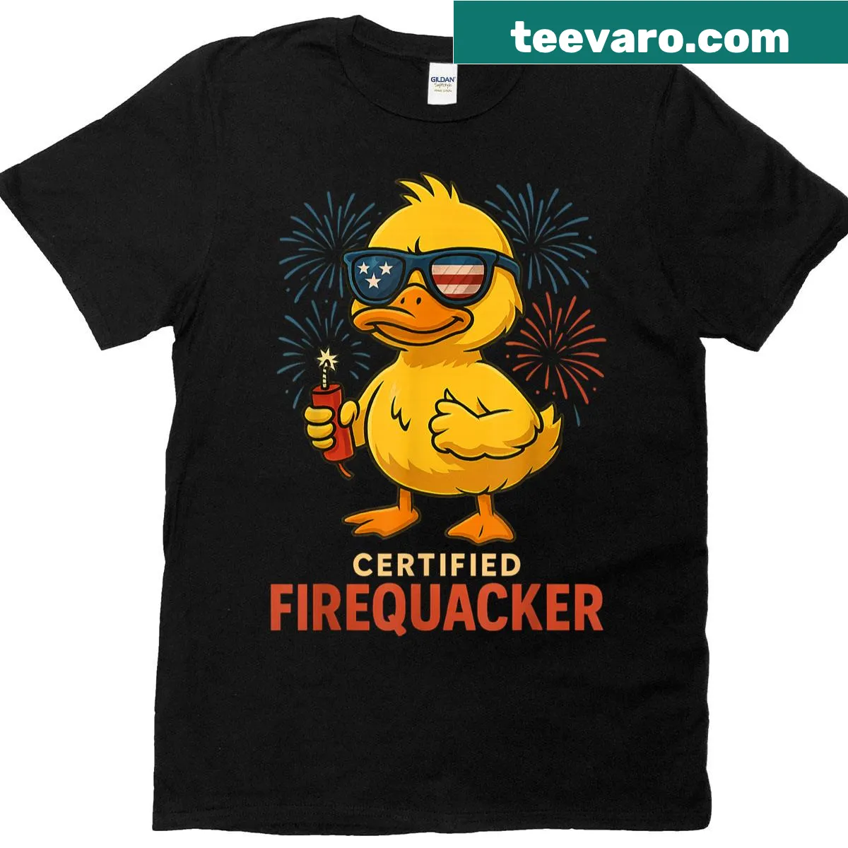 Funny Fourth of July t-shirt with a duck and text 'Certified Firequacker' — on a men's t-shirt