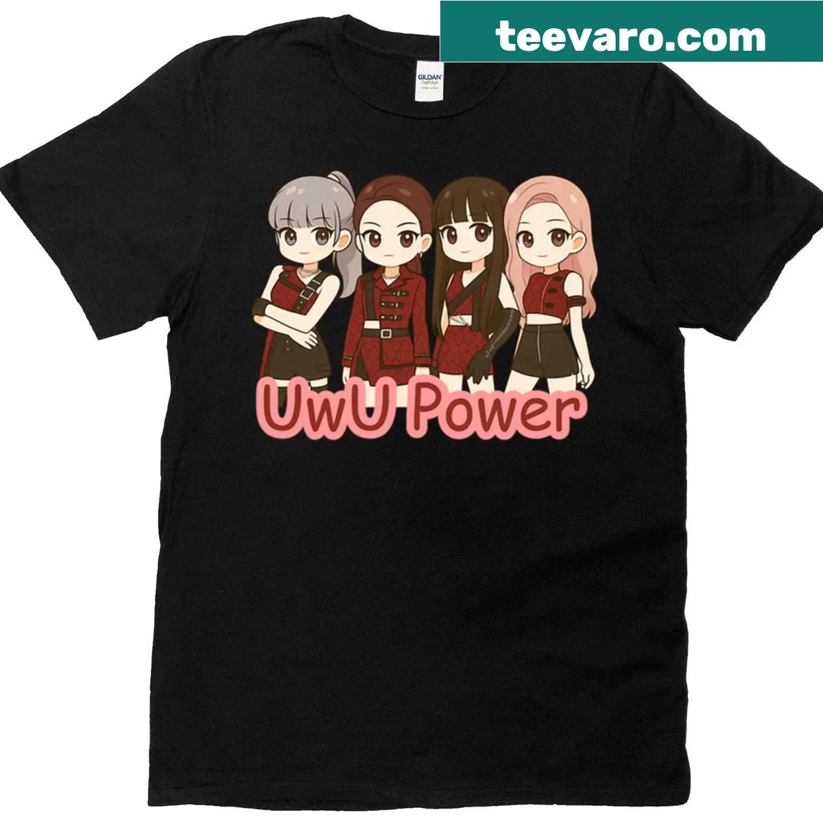 Oversized K-pop inspired T-shirt with cute chibi girl group design — on a men's t-shirt