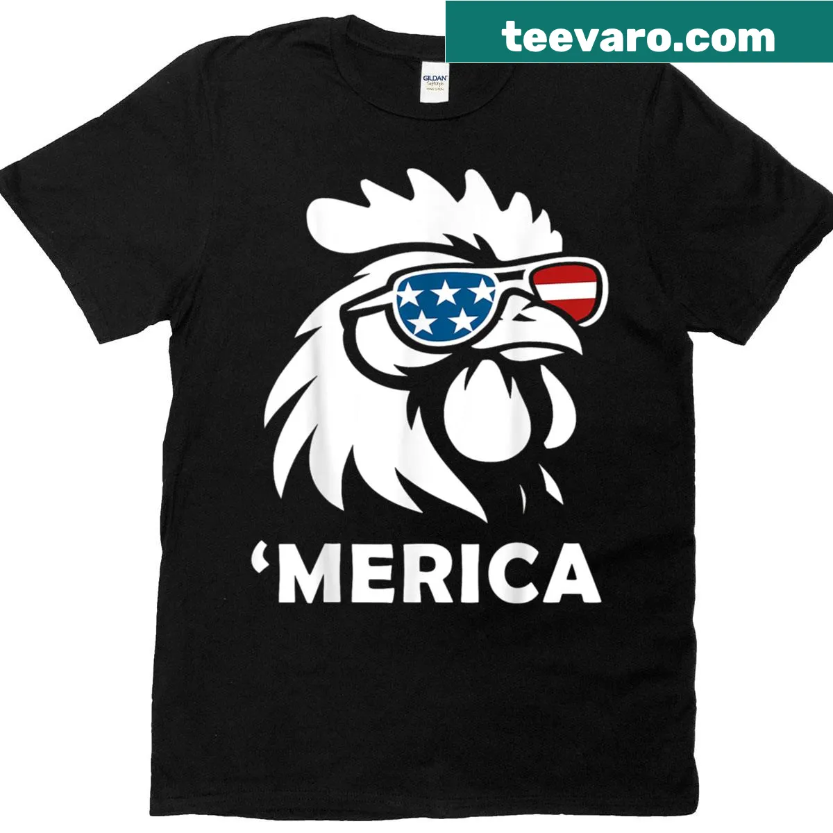Patriotic chicken graphic t-shirt for Fourth of July — on a men's t-shirt