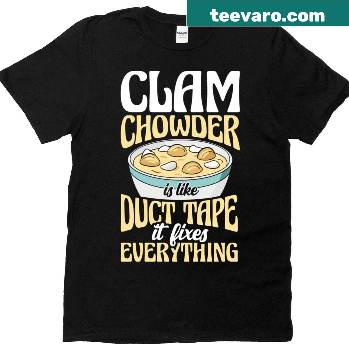 Funny t-shirt with slogan comparing clam chowder to duct tape — on a men's t-shirt
