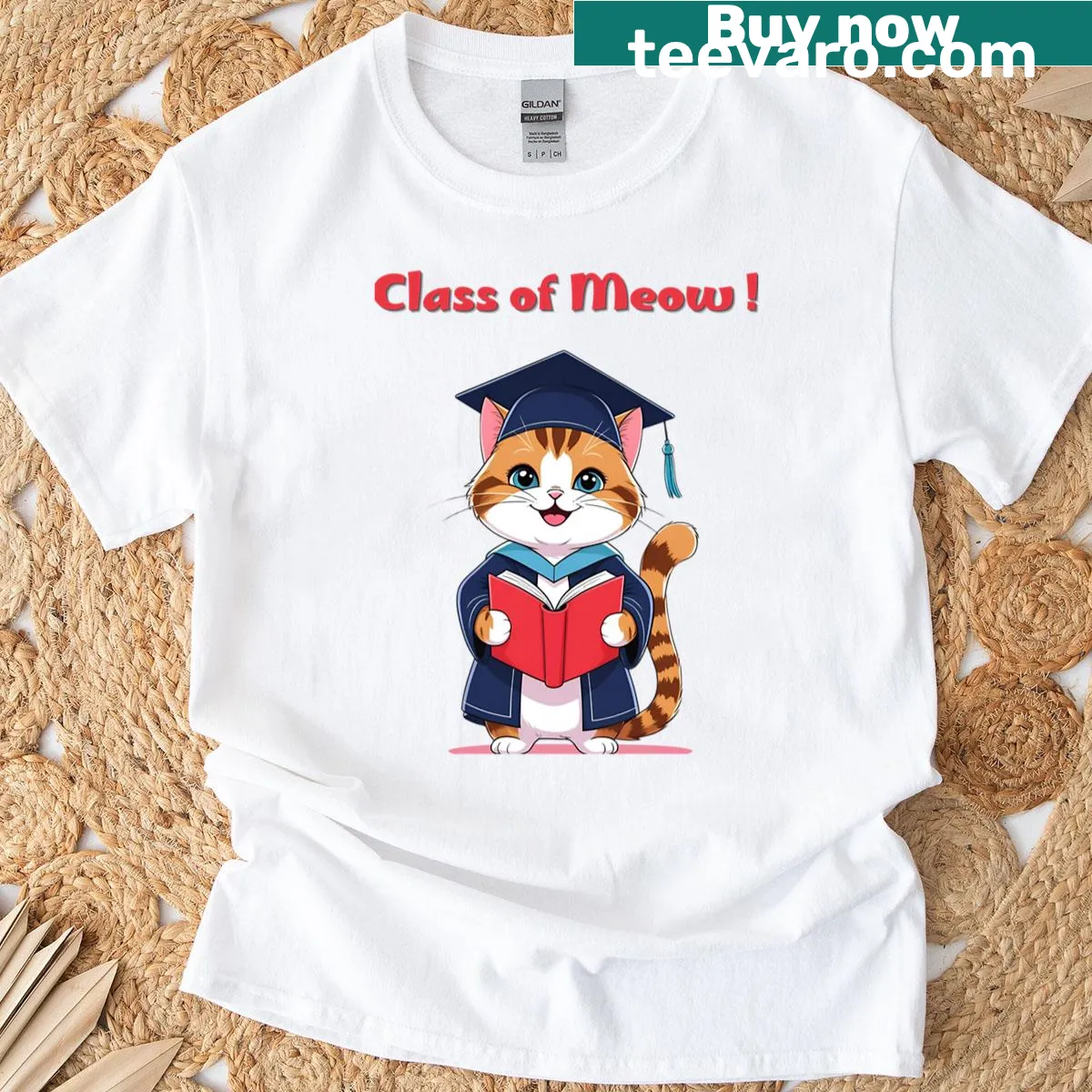 Cute graduation cat with cap illustration on oversized t-shirt — on a men's t-shirt