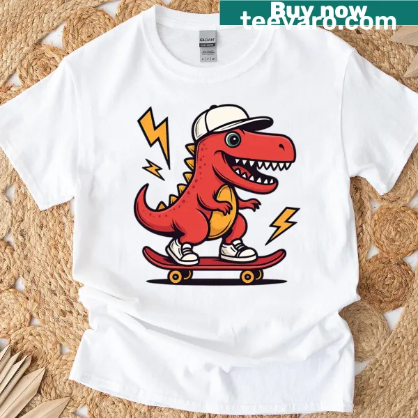 Oversized T-shirt with a dinosaur skateboarding illustration