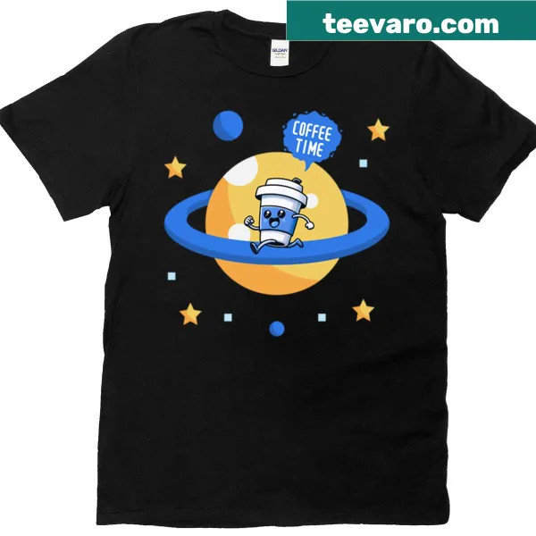 Whimsical coffee-themed graphic T-shirt with cosmic design.