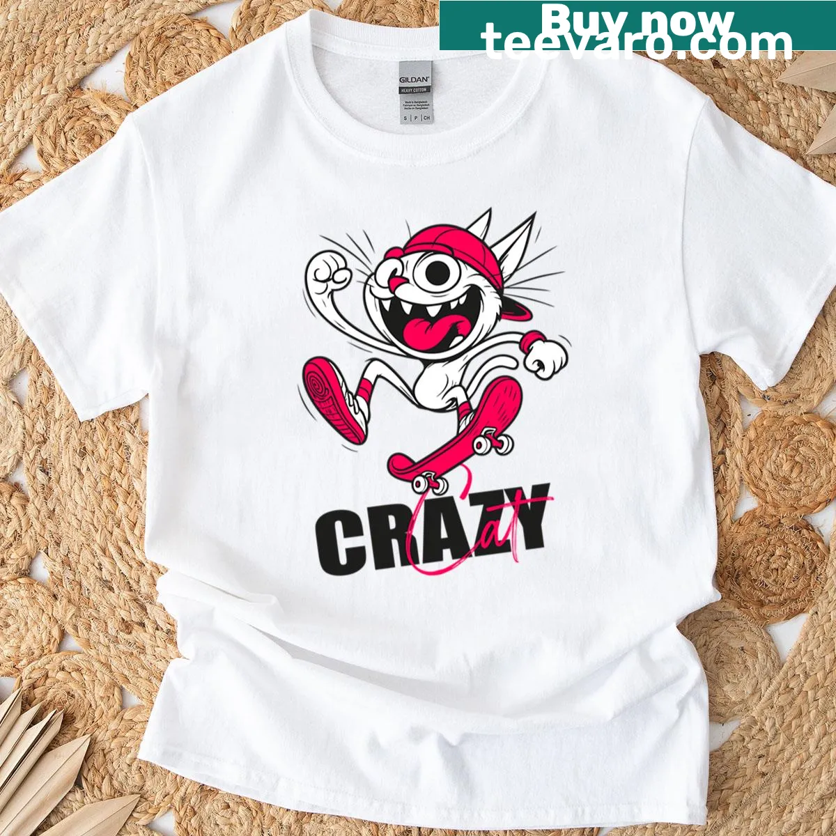 Cartoon skate cat graphic on urban vibes t-shirt — on a men's t-shirt