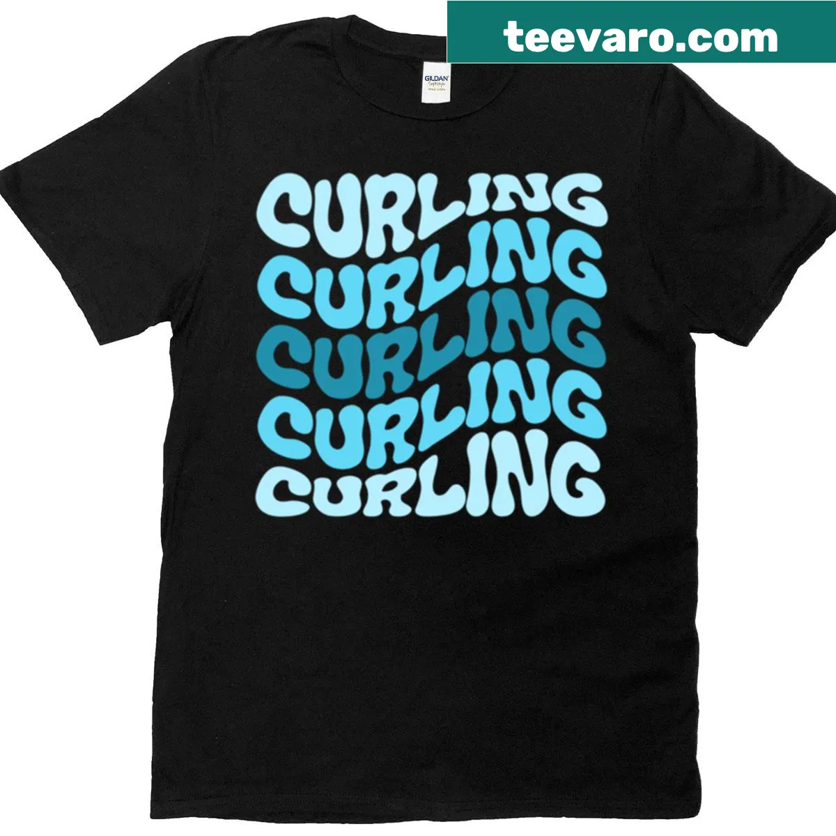 Oversized T-shirt celebrating curling with a wavy design — on a men's t-shirt