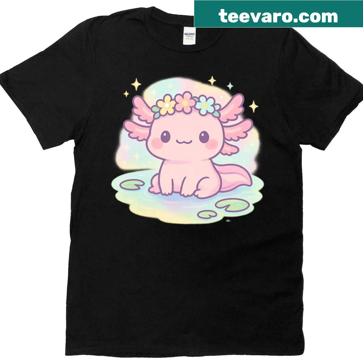 Cartoon axolotl with a flower crown on a cute t-shirt — on a men's t-shirt