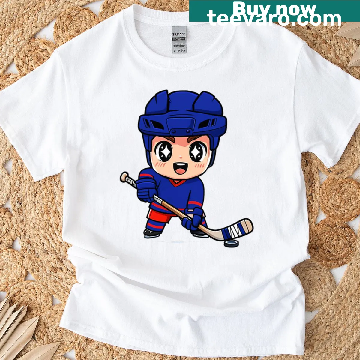 Chibi hockey player graphic on relaxed-fit shirt — on a men's t-shirt