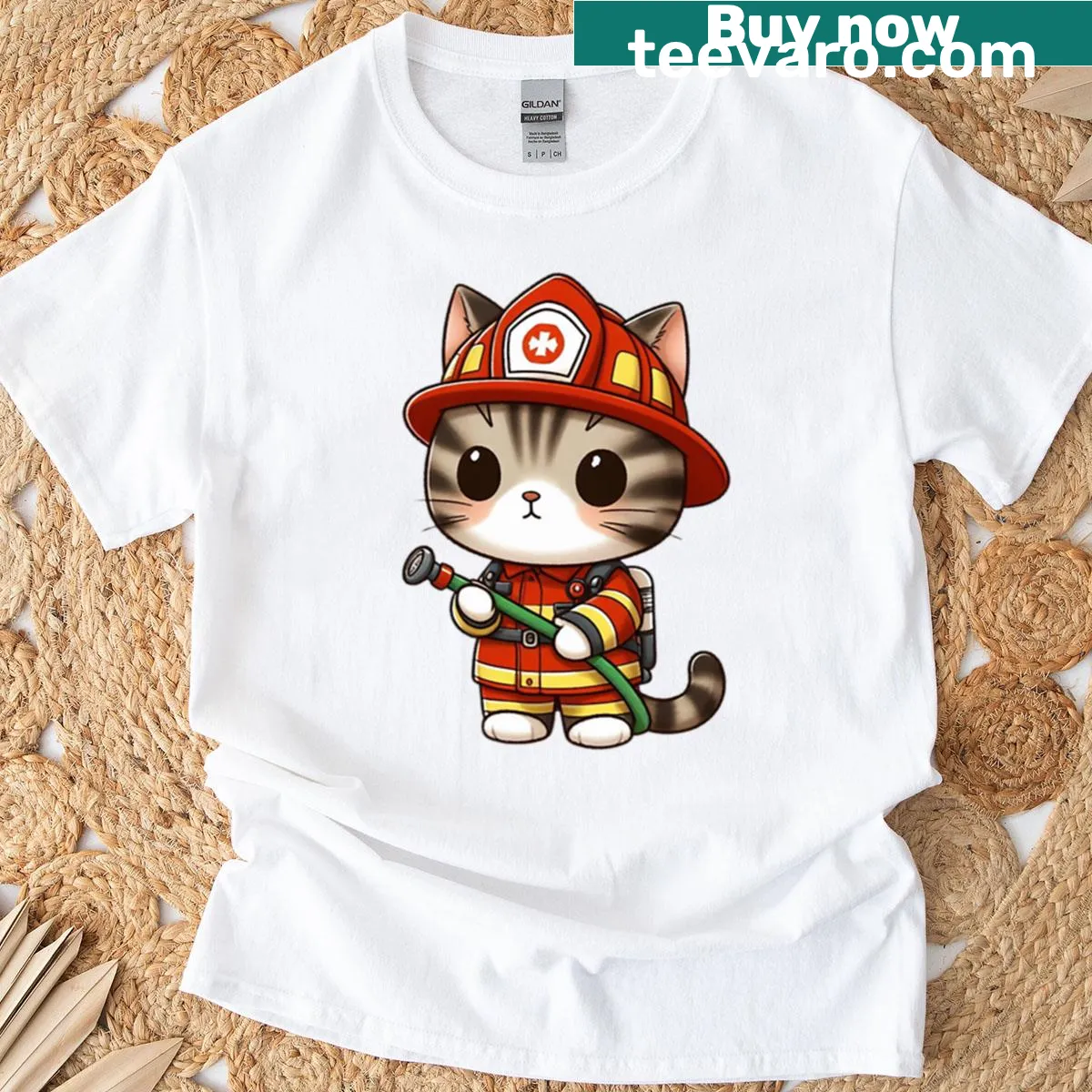Cartoon firefighter cat graphic on t-shirt — on a men's t-shirt