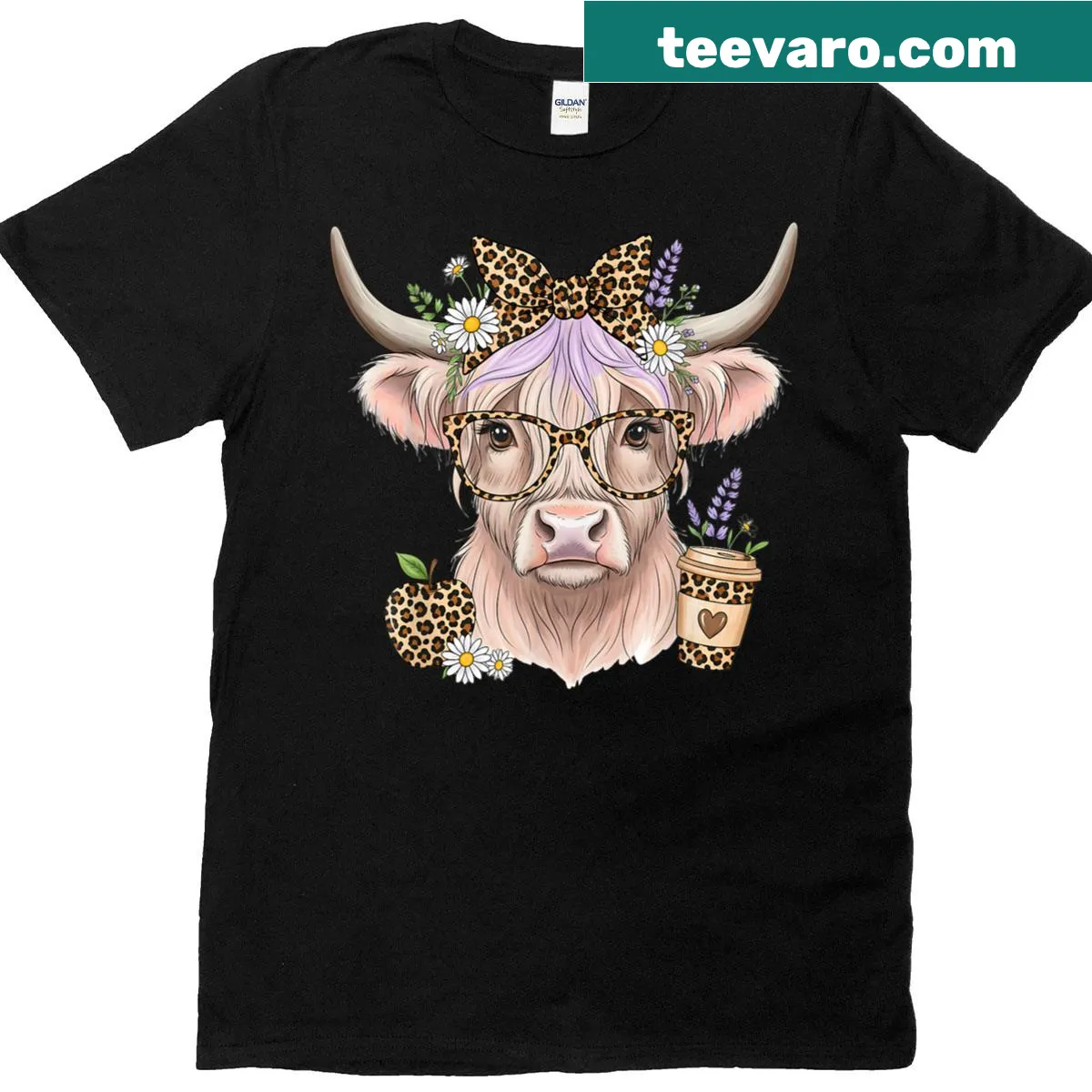 Floral Highland cow design on a women's teacher t-shirt — on a men's t-shirt