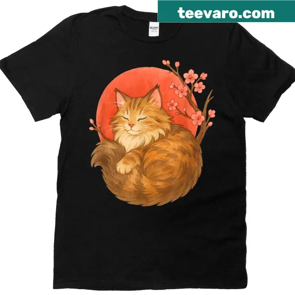 Sleeping Maine Coon cat under cherry blossoms on a T-shirt